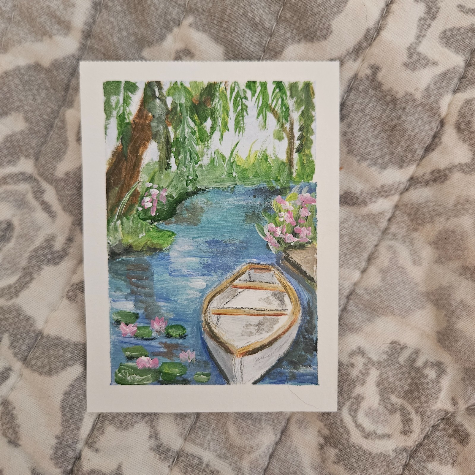 ACEO Art Original Acrylic, 2.5 x 3.5 inches, boat in a lagoon
