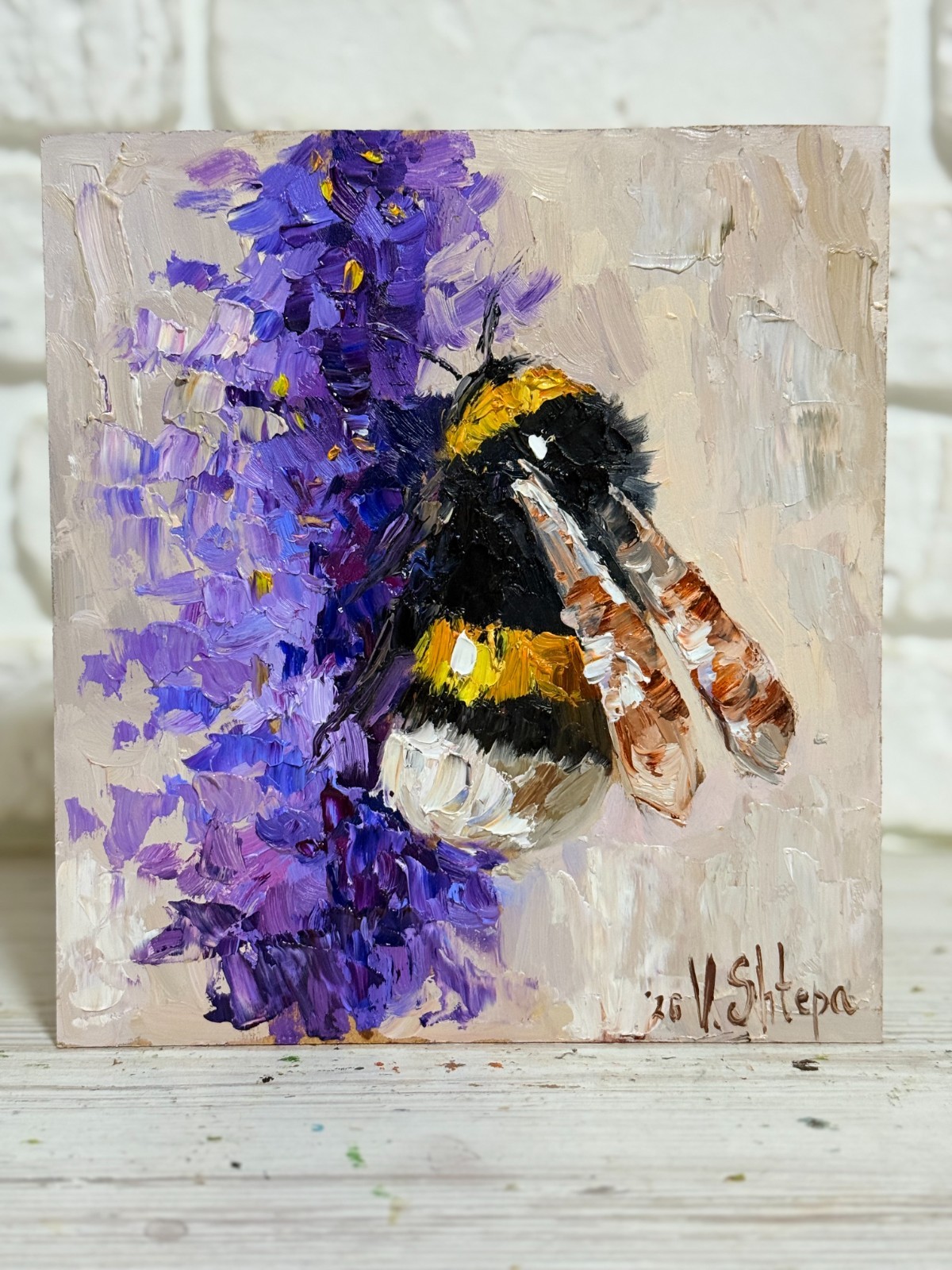Original Painting Bumblebee Honey Bee Impasto Flower Oil Painting Signed Art