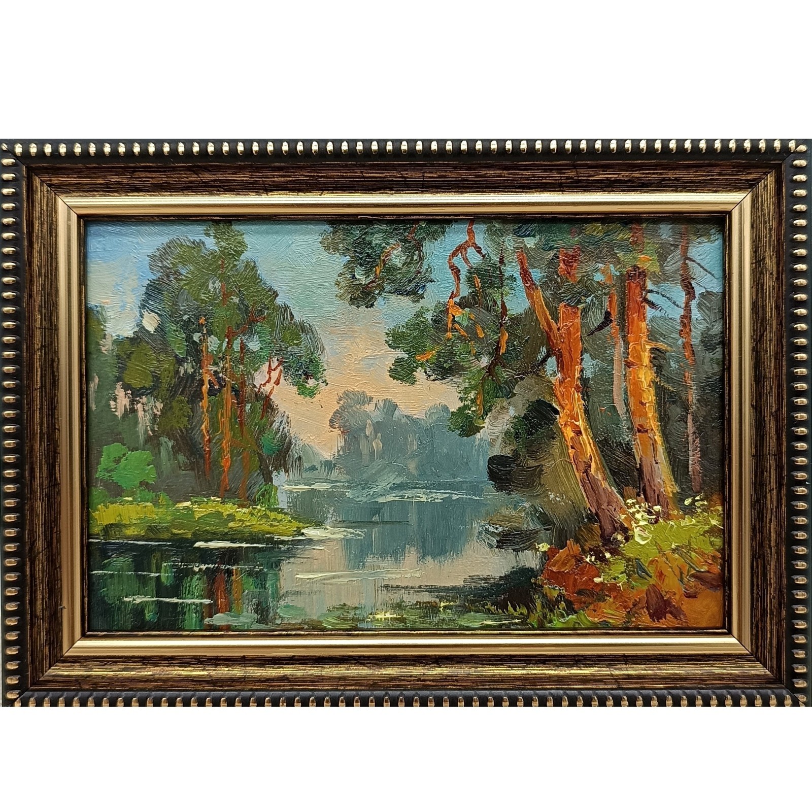 Original Pine Forest Lake Oil Painting Framed 4×6 Signed Impressionist Art Decor