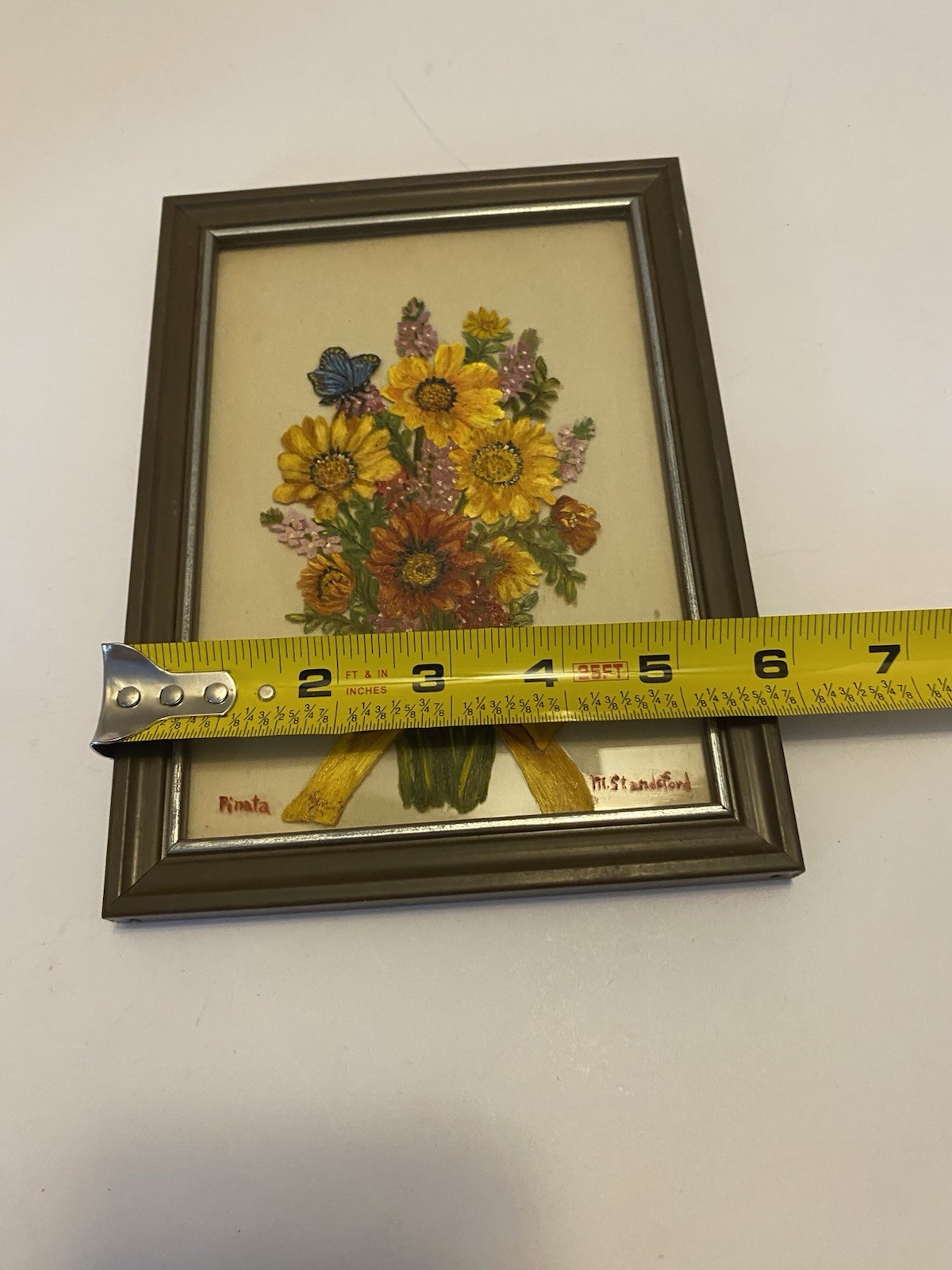 Vintage Framed Reverse Hand Painted Flowers on Glass Art with Butterfly