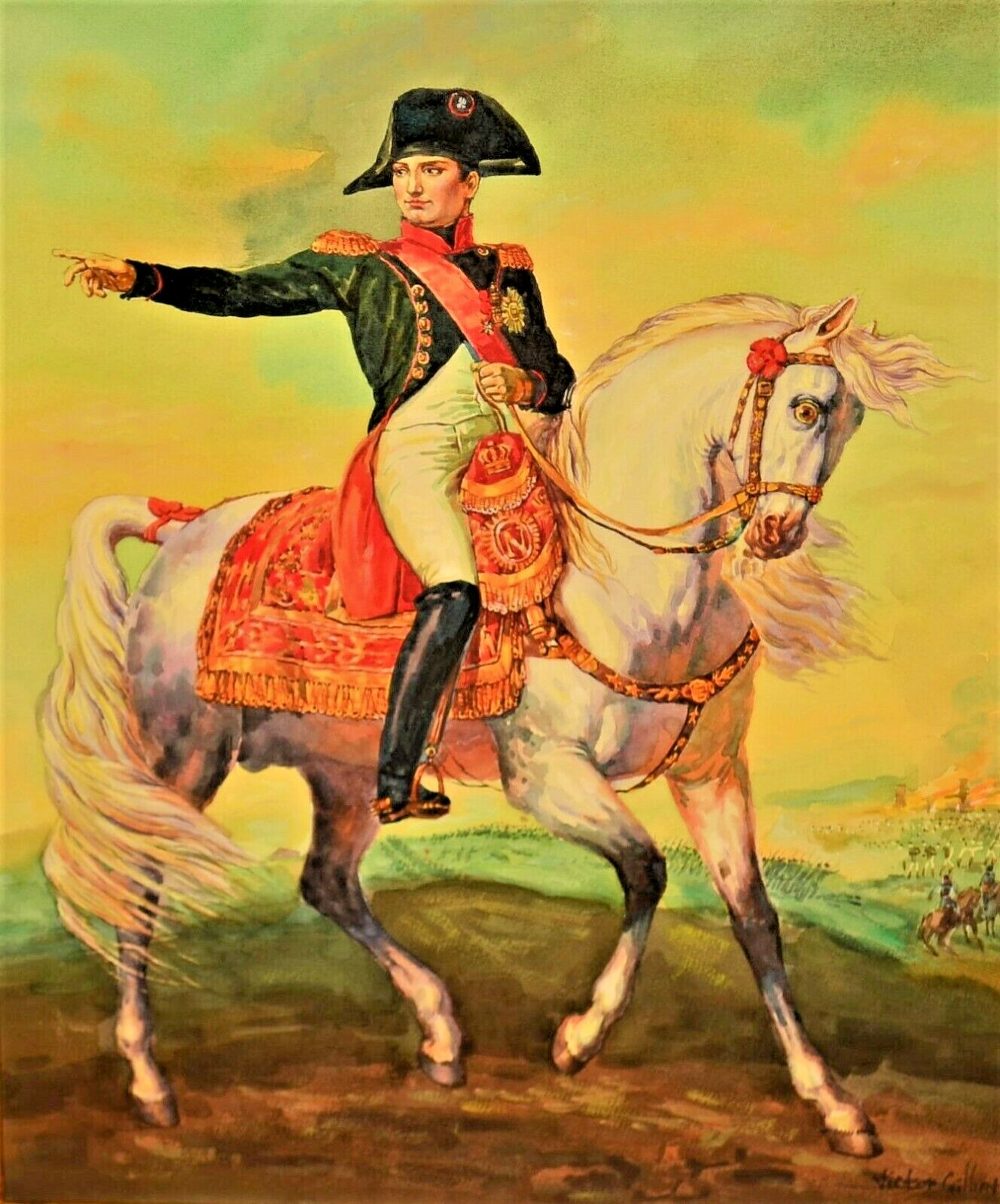 VICTOR GILBERT Original Signed Napoleon Portrait Landscape Watercolor Painting