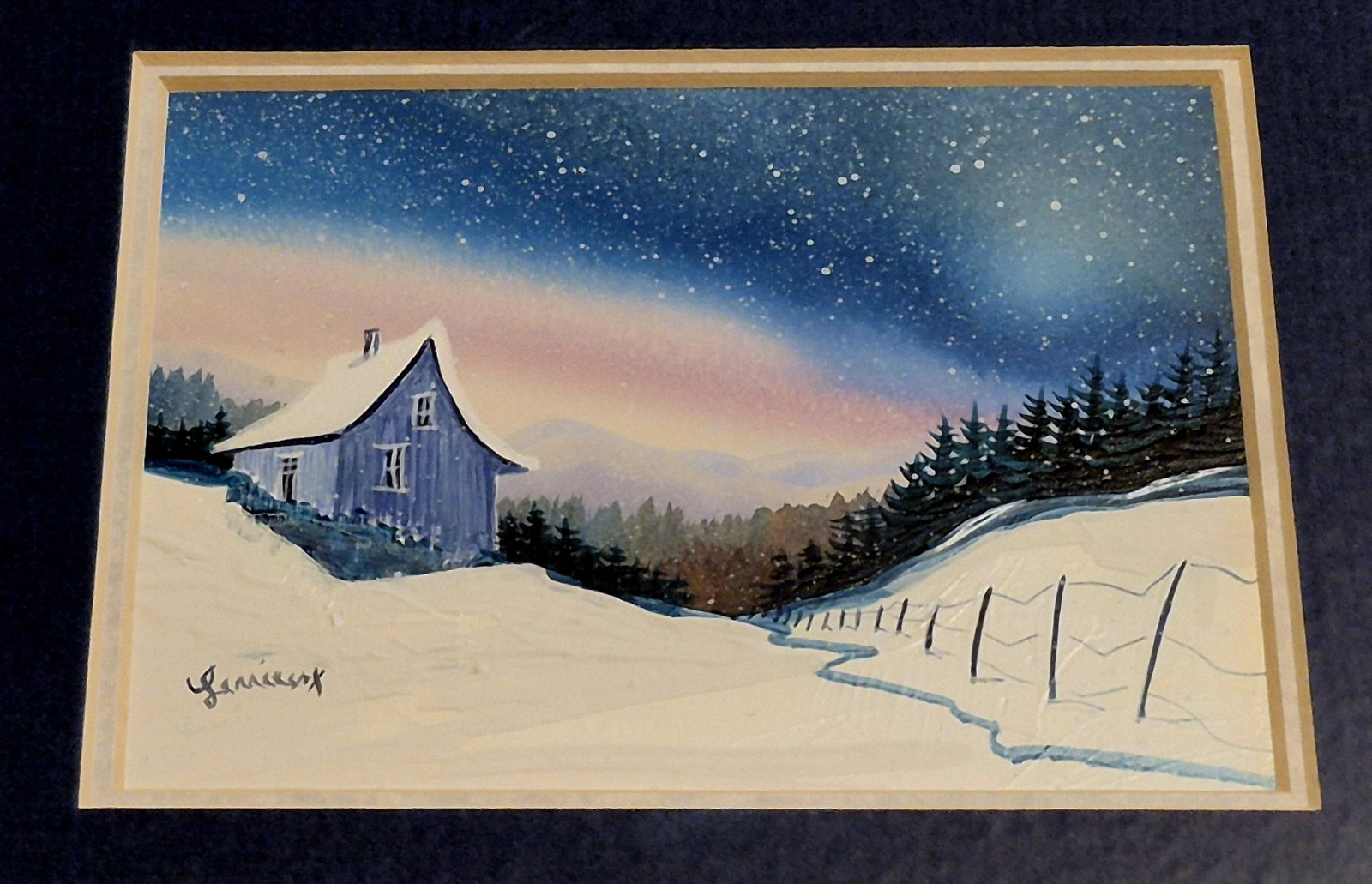 Quebec French Canadian Mixed Media Cabin Northern Lights Original Art Painting