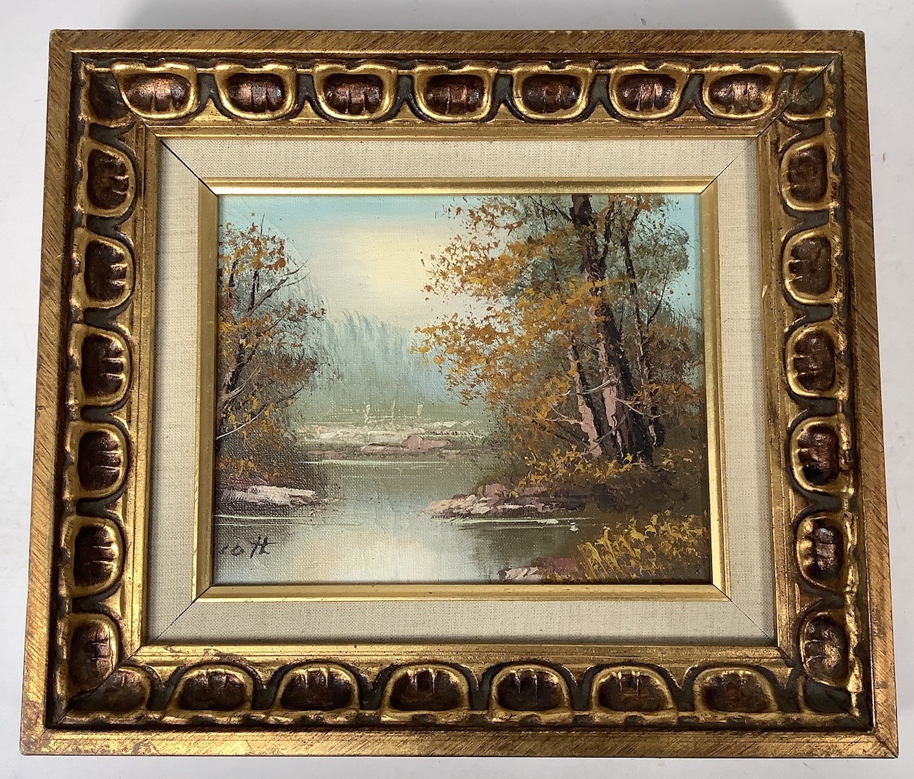 Vintage MCM Landscape Oil Painting Signed Scott – Ornate Gold Gilded Wood Frame