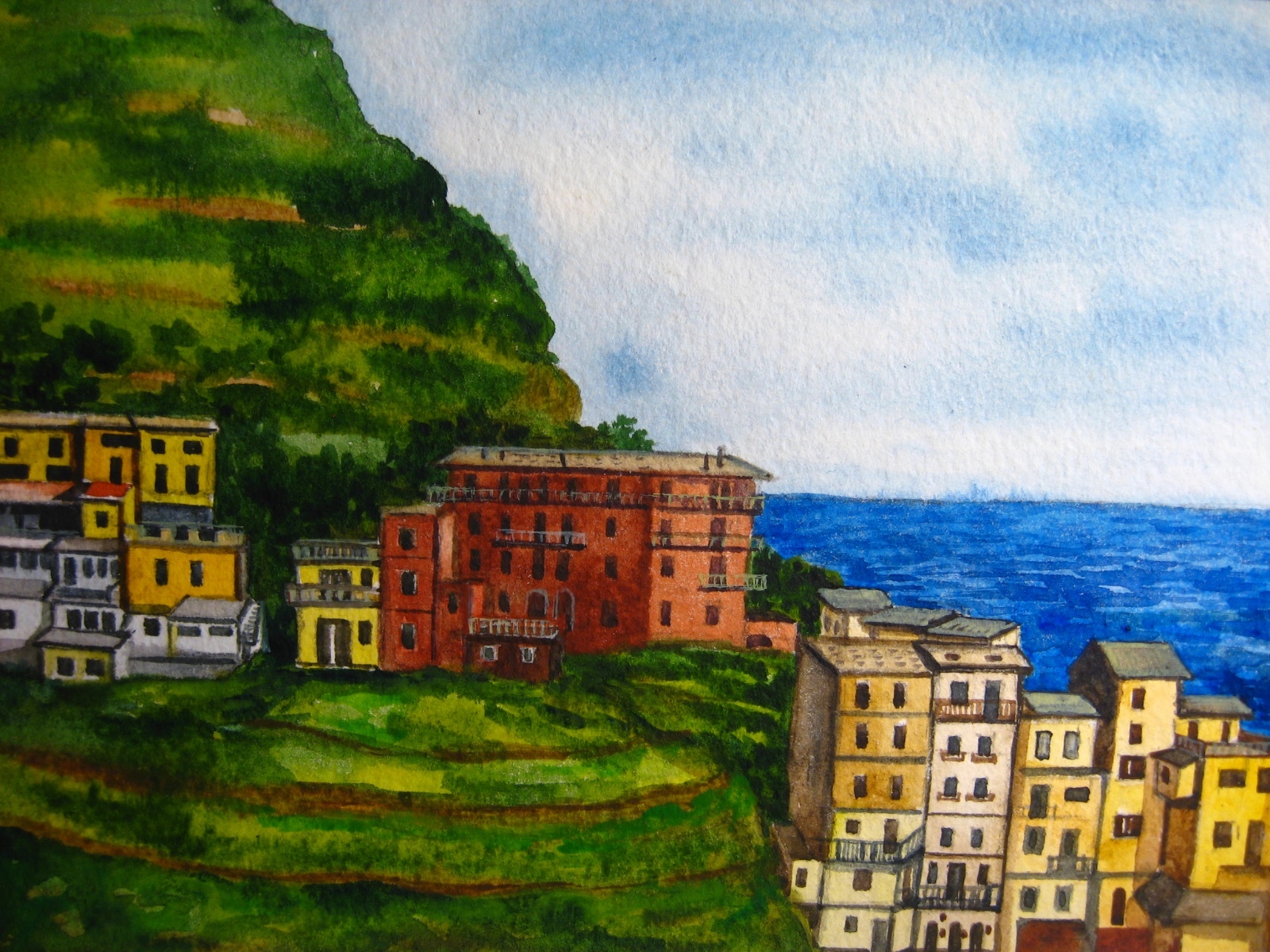 Watercolor Painting Italy Italian Coast Rocks City Town Landscape Sky 5×7 Art