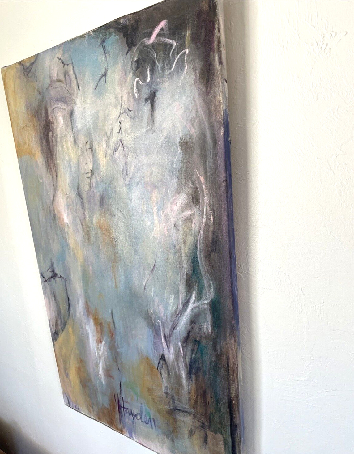 Vintage Figural Female Expressionist Abstract Painting 24×36″ signed Hayden
