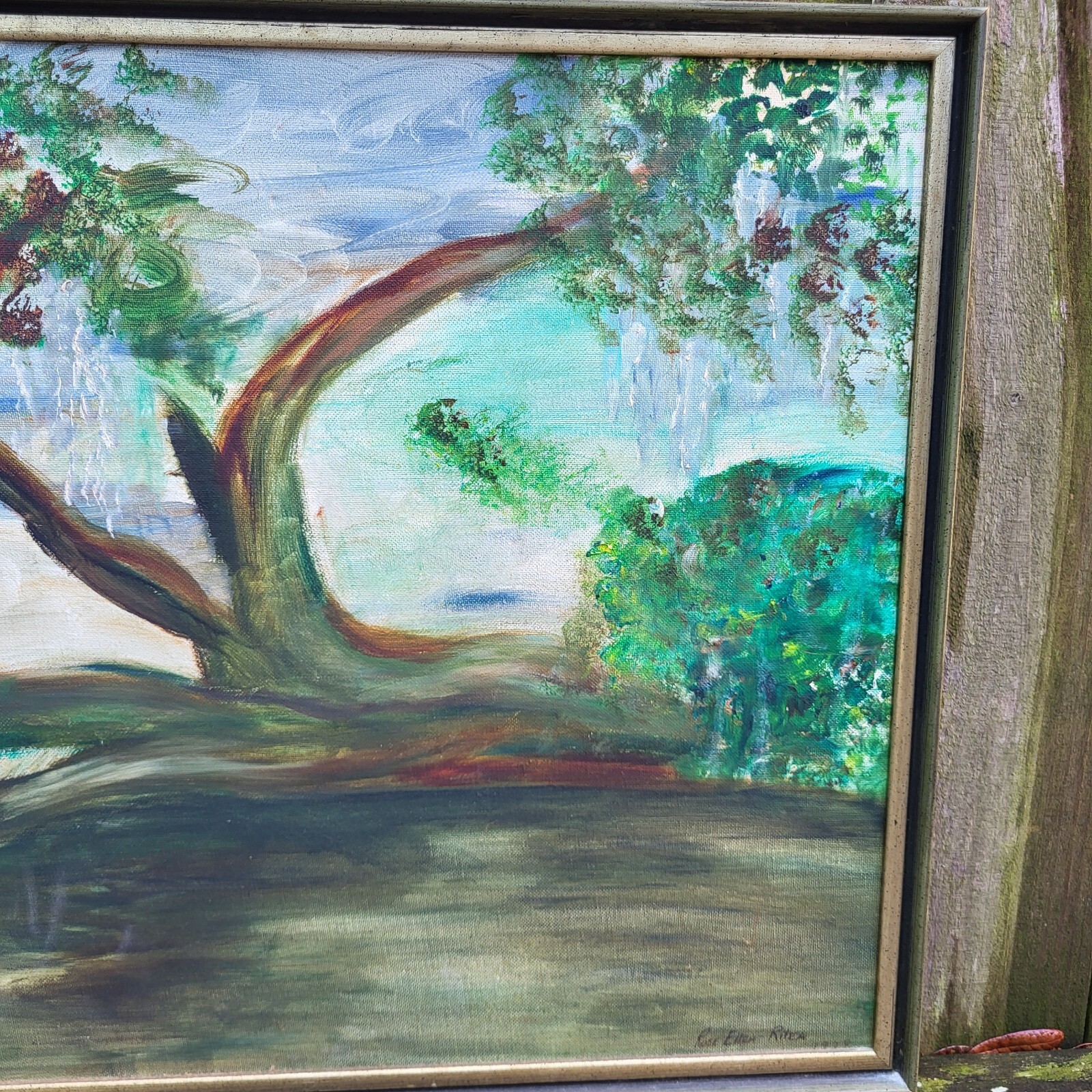 Framed Vintage Landscape of Fallen Tree with Spanish Moss Rose Ellen Rilea 1998