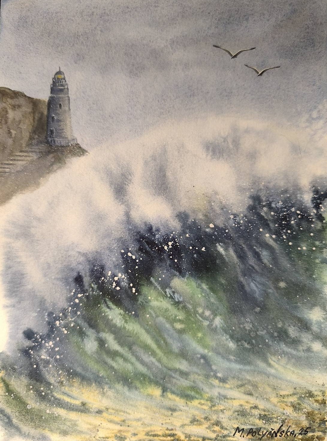 BIRD WAVE Original Artwork Painting Landscape SEA LIGHTHOUSE Art Seascape GiftA4