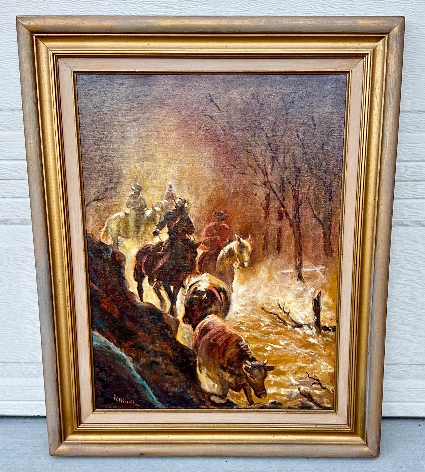 Helen Ritchie — Flood Haters, Original Oil Painting Framed Horses Cattle