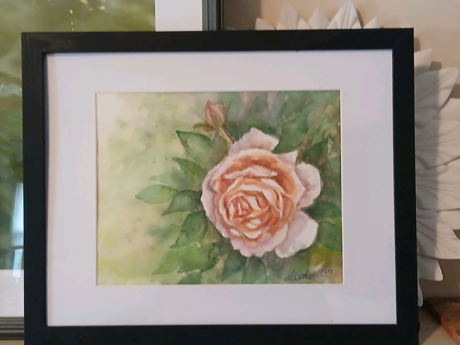 ORIGINAL Signed L. COHEN Watercolor Painting «Peach Rose» USA Framed Flowers