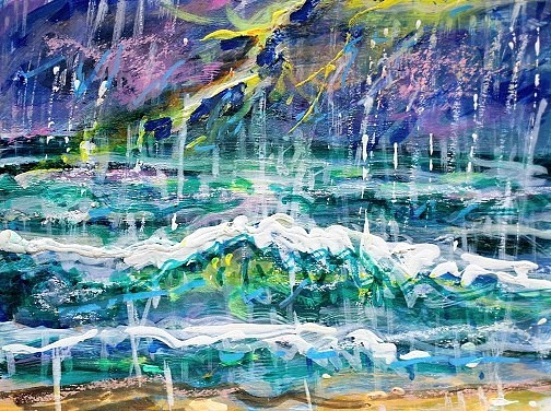 ORIGINAL ACEO Painting OCEAN Storm Lightning RAIN Waves Shore Beach Sea ATC ART