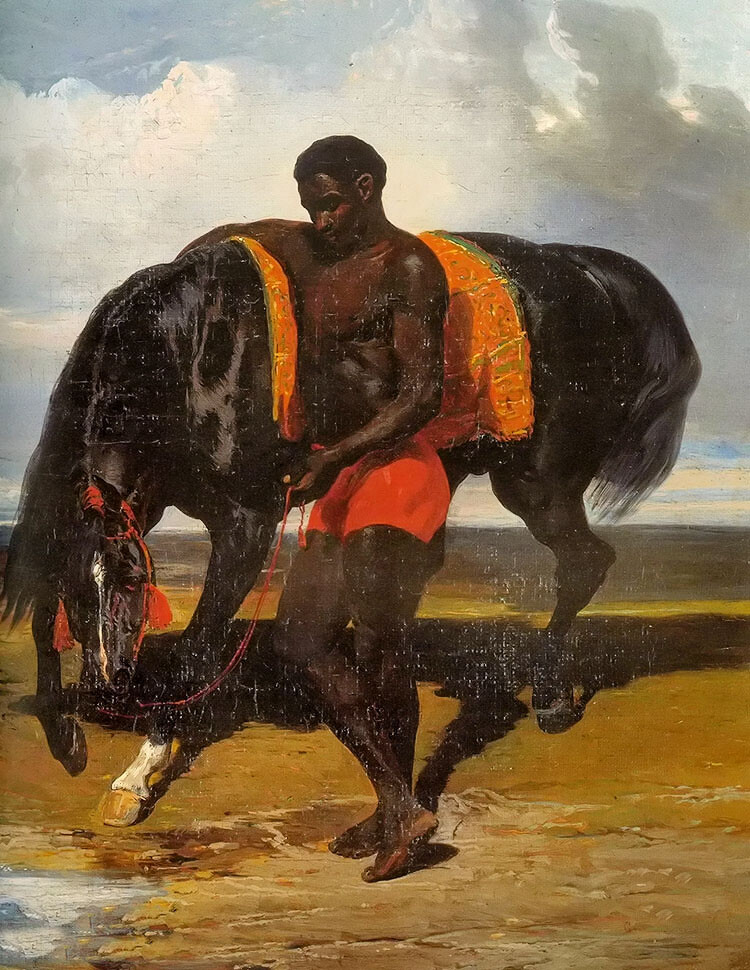 Oil painting Alfred Dedreux – African man holding a horse by the sea landscape