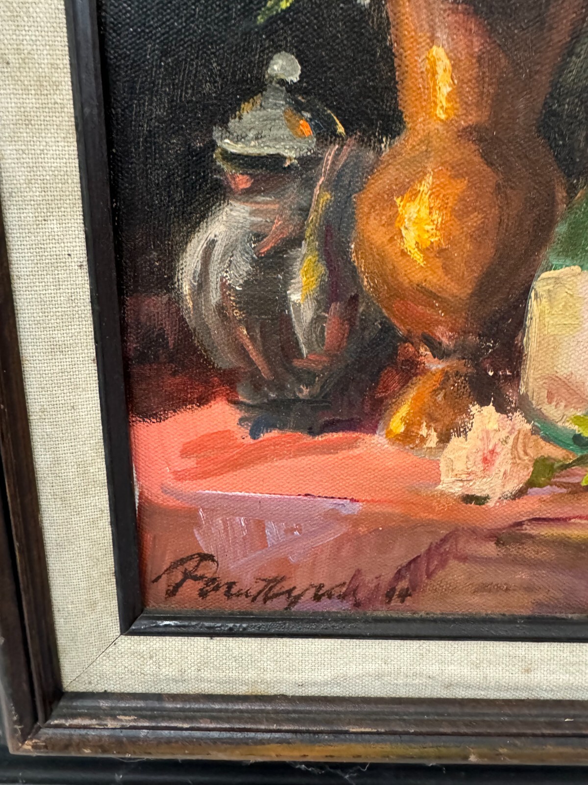 SIGNED ORIGINAL VINTAGE IMPRESSIONIST O/C, 9″X12″ SIGHT, WOOD AND LINEN FRAME
