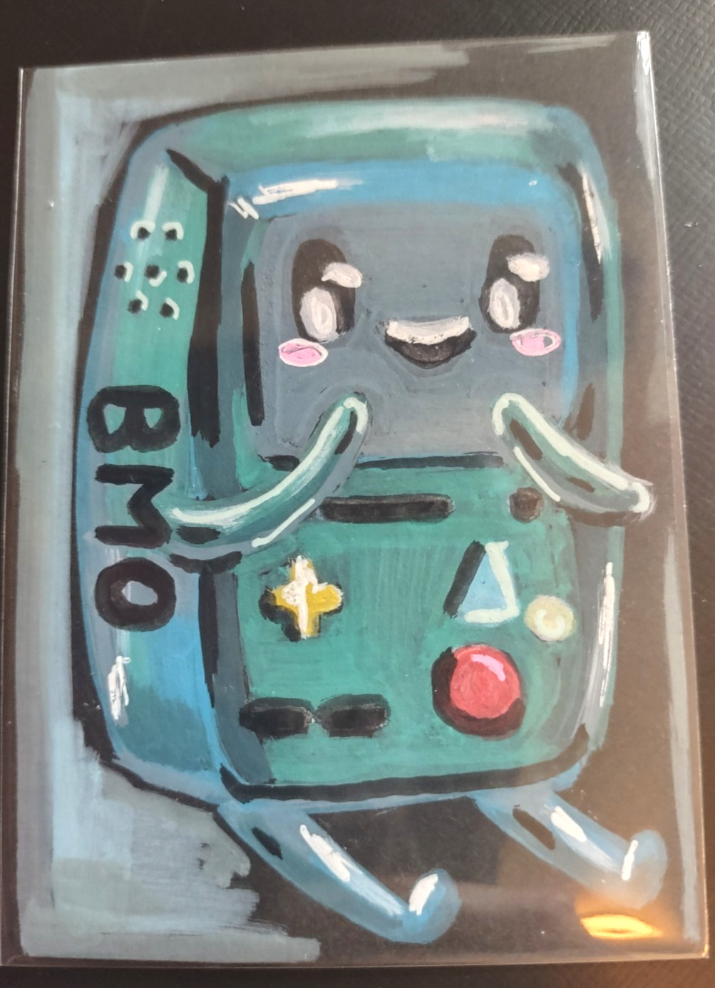 ACEO Original Art «Kawaii BMO» Adventure Time Acrylic 2.5×3.5 on black paper