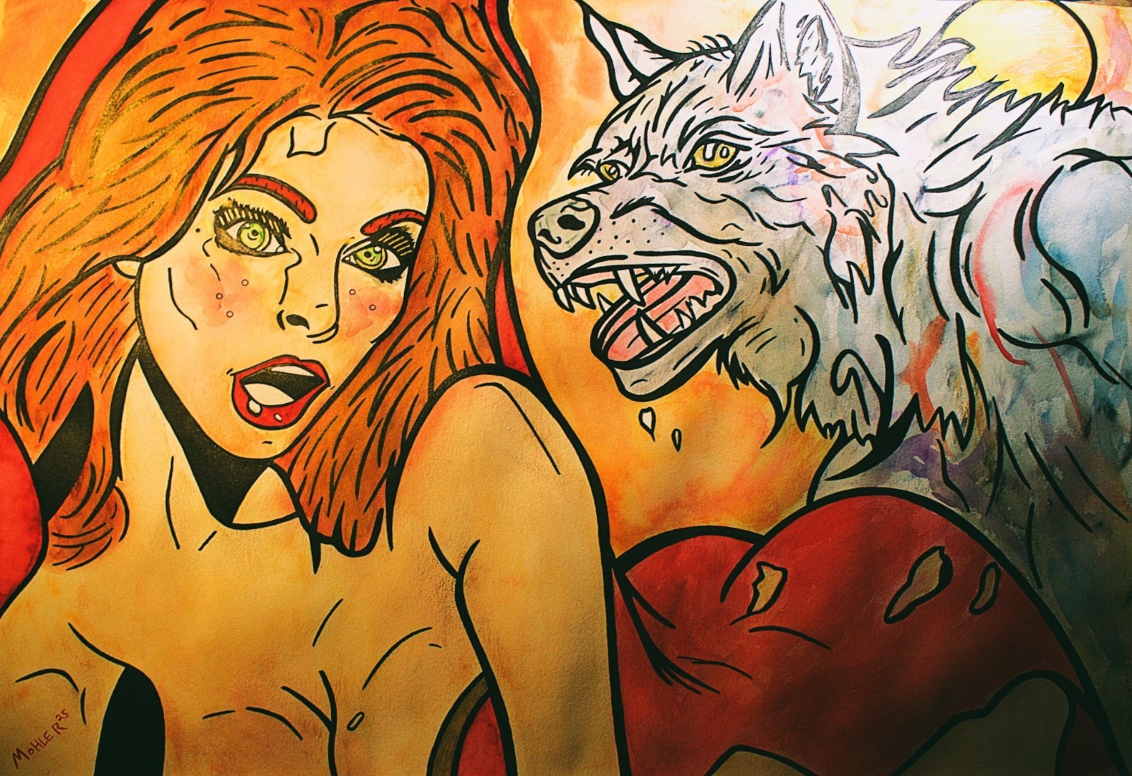 outsider art «Watch Out, Red !» 18×24 watercolor on hard paper original Mohler