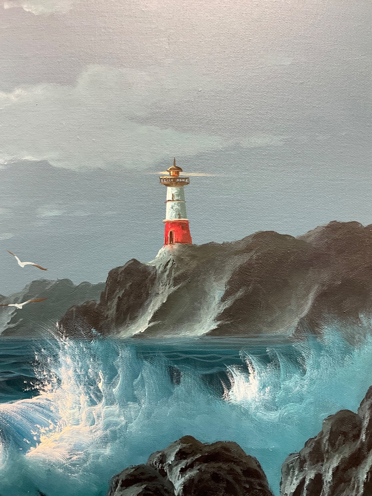Oil Painting 24×36″ Ocean waves falling under night sky, lighthouse, seagulls