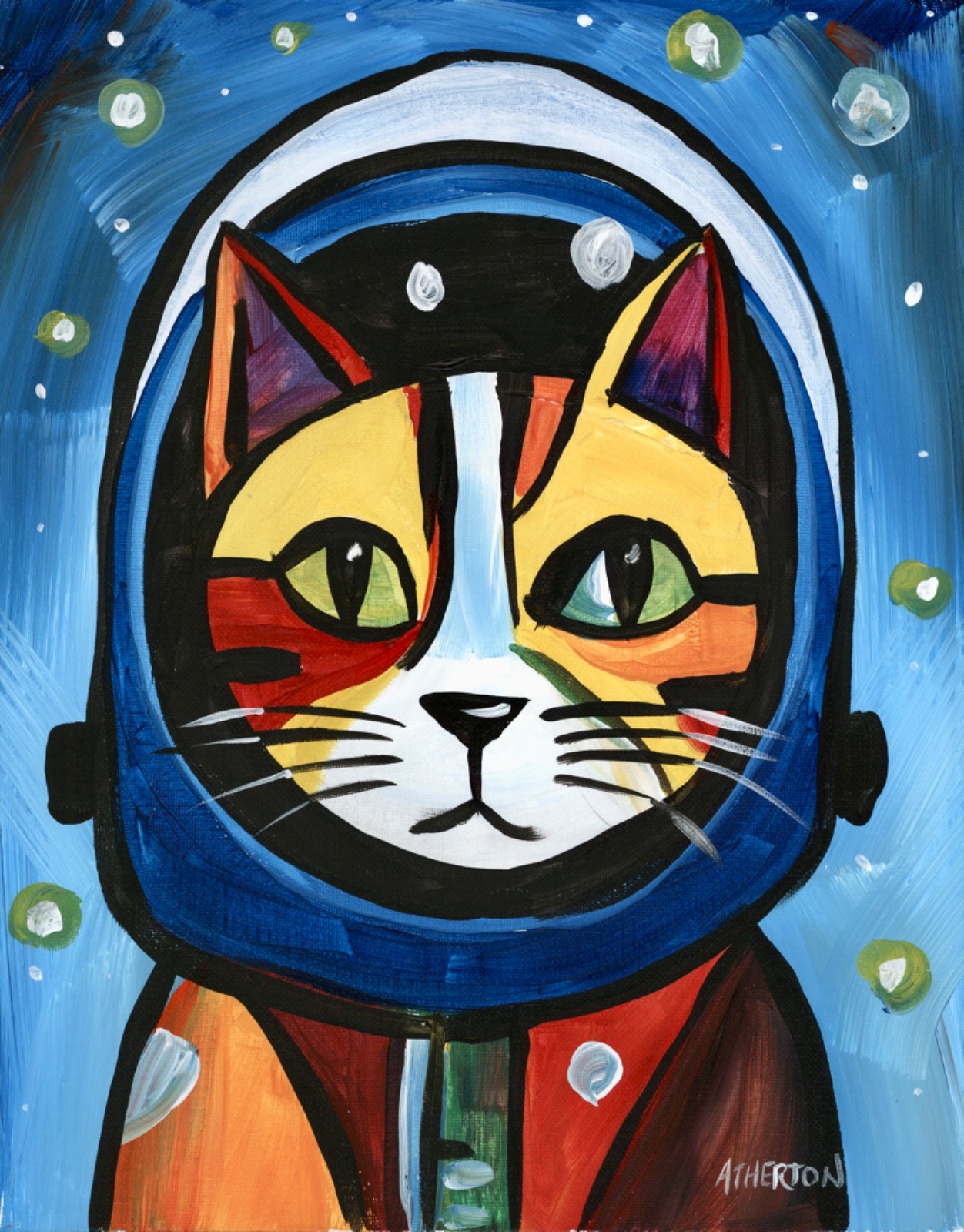 Atherton 11×14 Original Expressionism Acrylic Painting «Cosmo CAT» hand signed