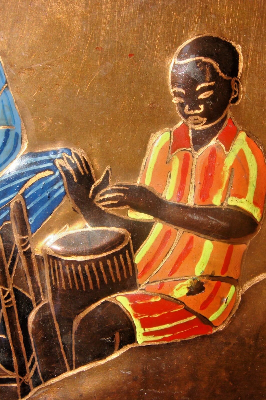 African Relief painting on copper signed by the Congolese artist Guycha Tshidibi