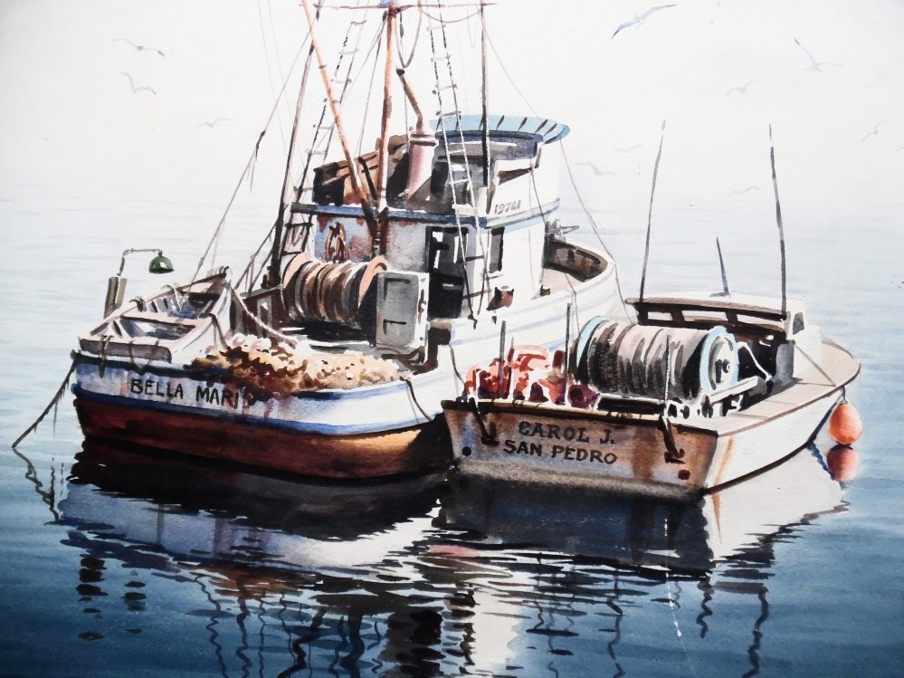 Donald Bohnenberger Doubled Sided Fishing Boat Tudor Home Watercolor Painting