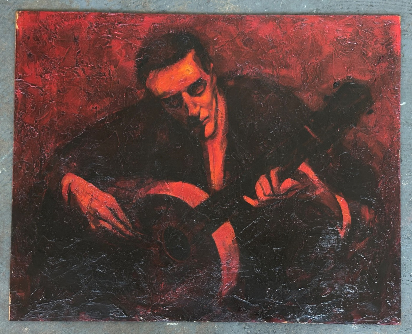 Painting Roy Steinberg Jazz Blues Guitar Musician Beatnik Red Black MCM Vintage