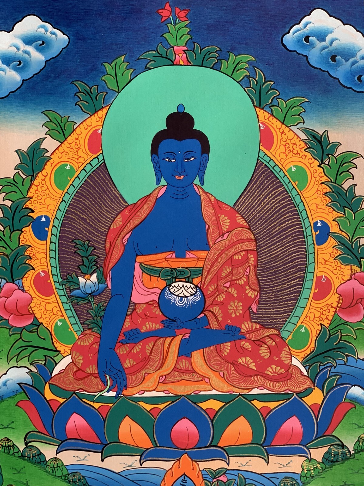 ORIGINAL HAND-PAINTED MEDICINE BUDDHA/ BHAISAJYAGURU TIBETAN THANGKA PAINTING