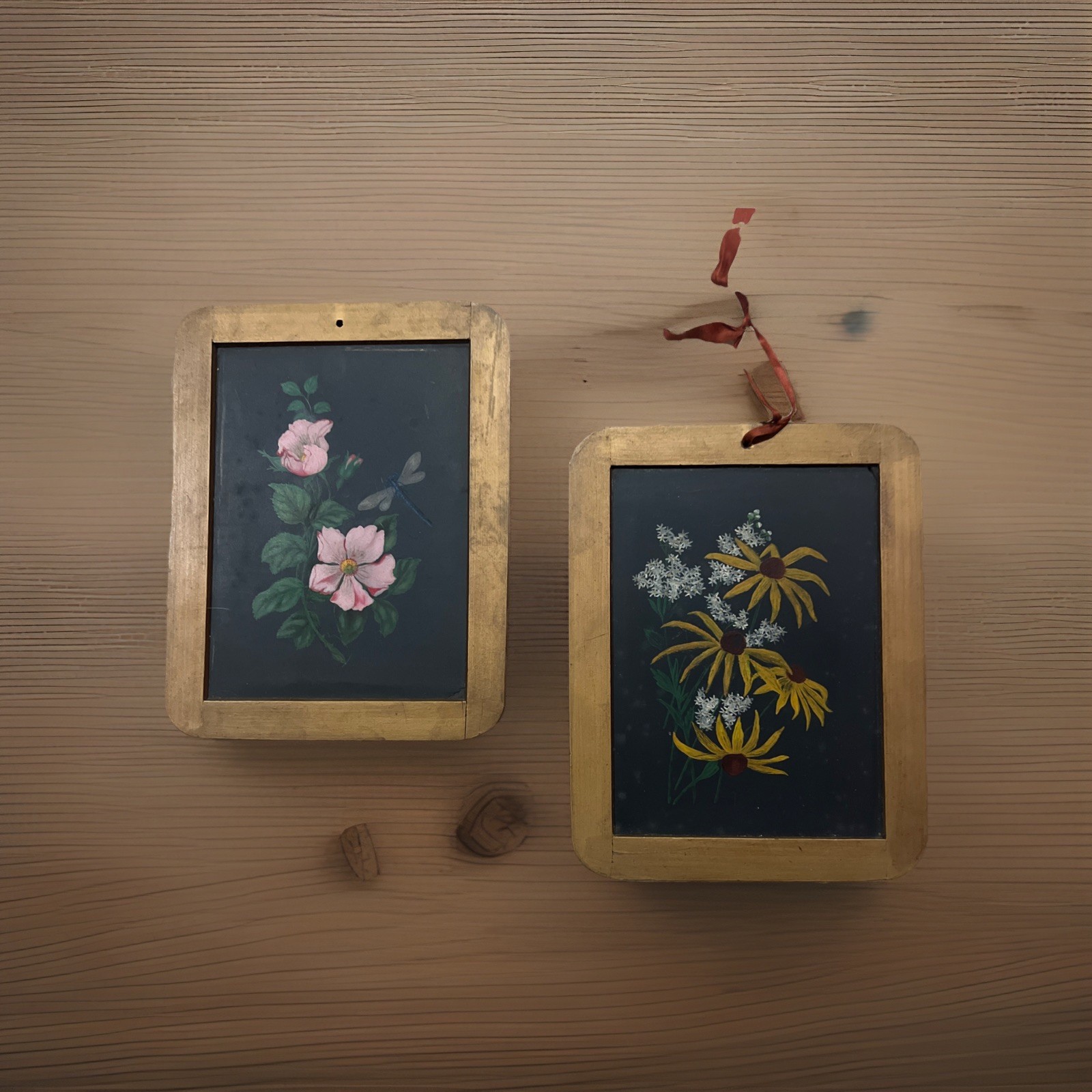 Vintage Pair 8.5 X 6.5 Hand Painted Flowers On Slate