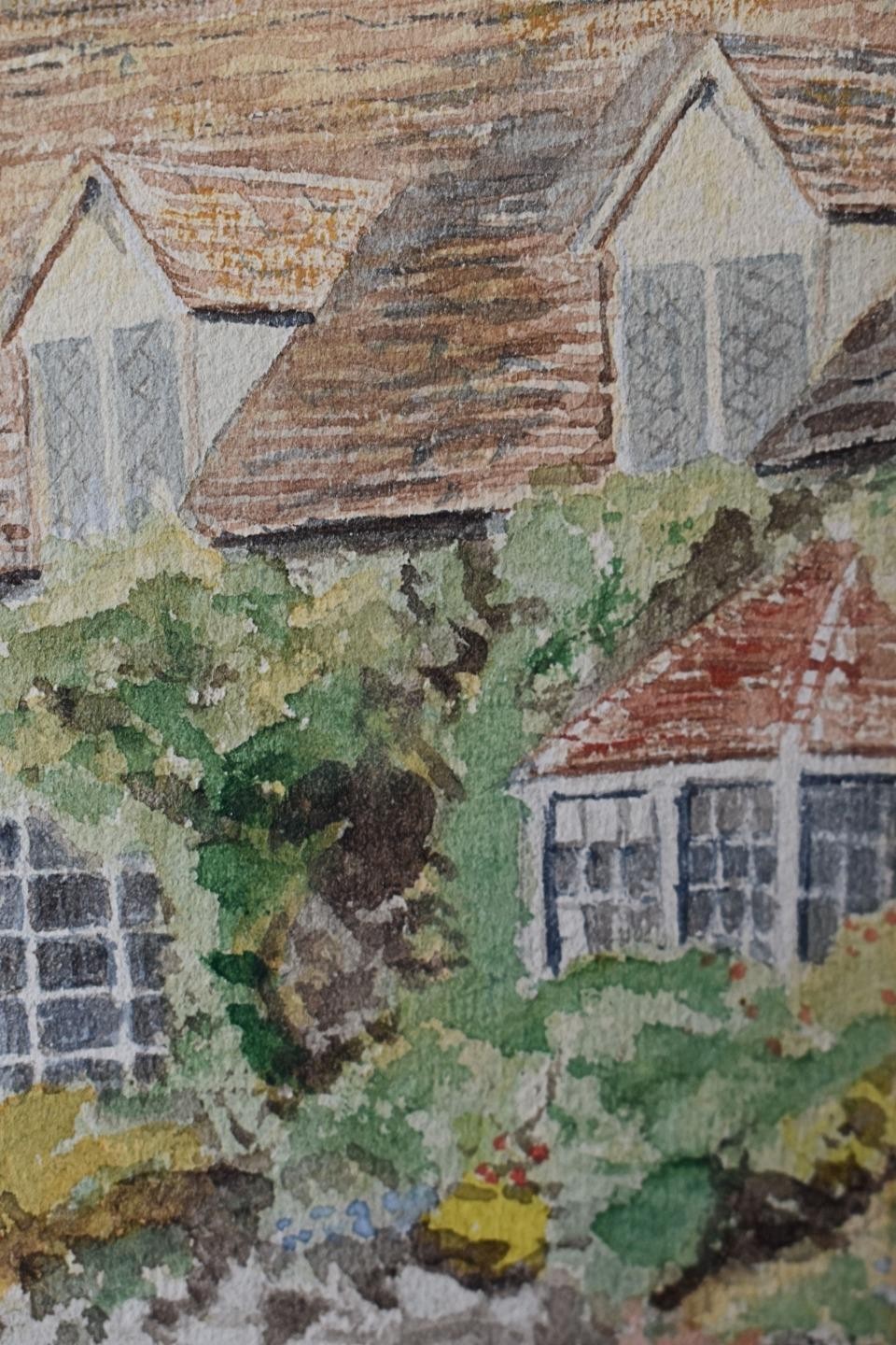 FIGURES BEFORE RURAL COTTAGES ANTIQUE WATERCOLOUR ENGLISH SCHOOL UNSIGNED c1900