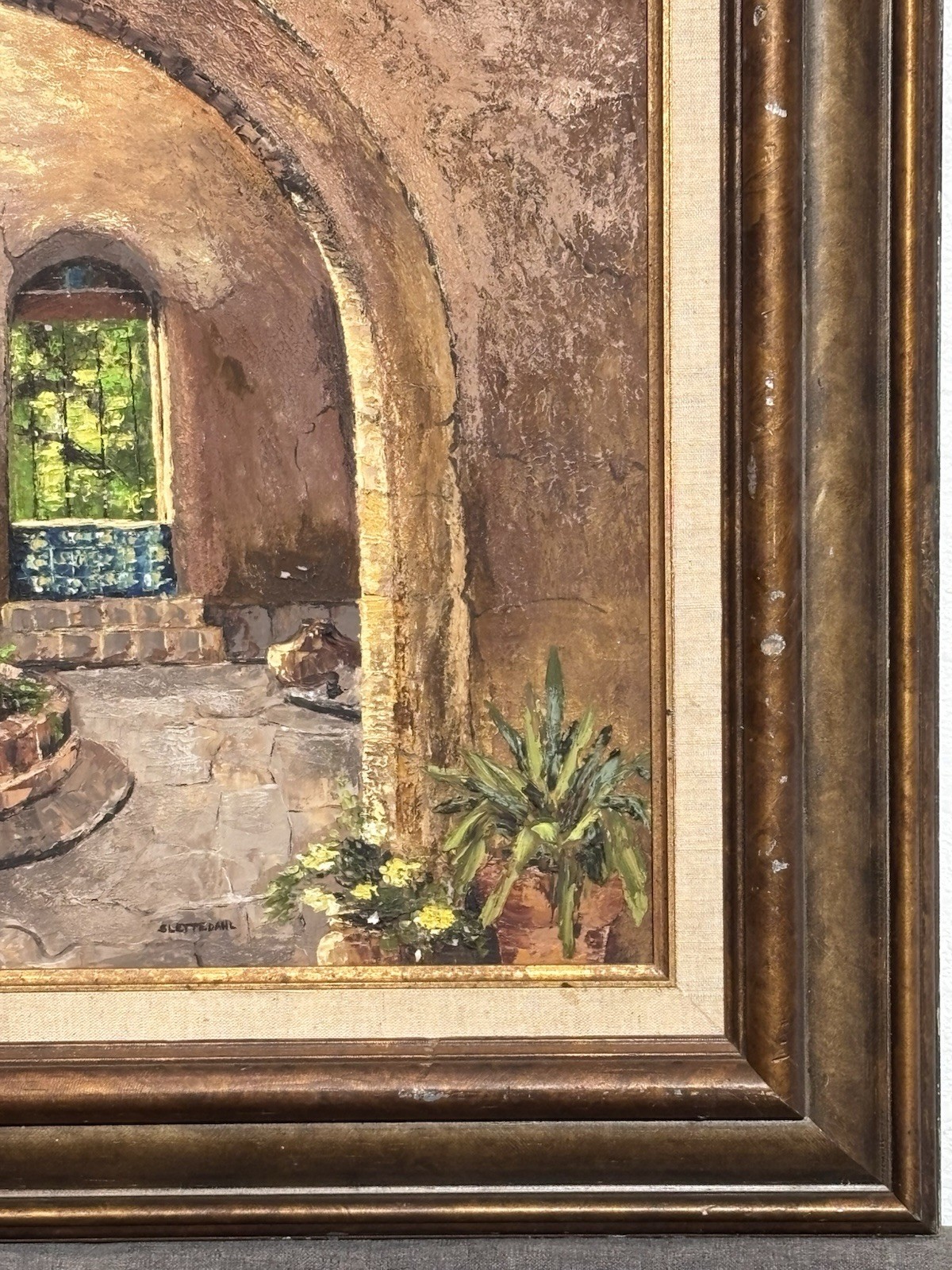 Original Framed Signed Mediterranean Courtyard Archway Painting Spanish Villa