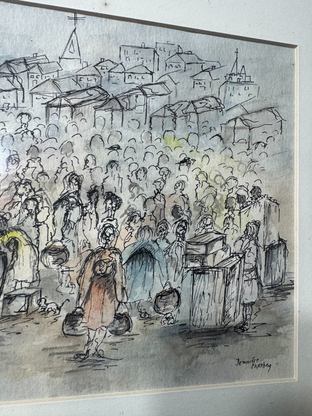 Jennifer Myerberg «Many Figures Scene» Pen, Ink And Watercolor Painting – Framed