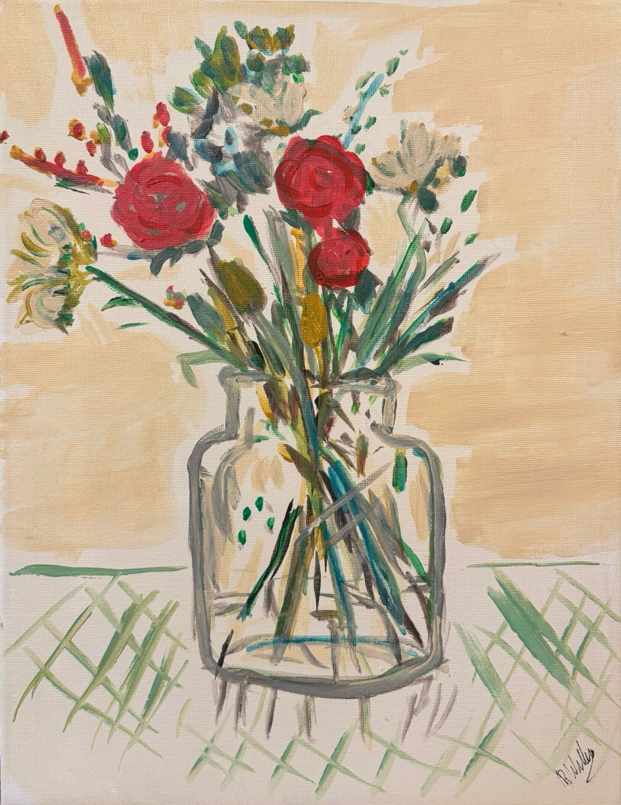 UNFRAMED Vase Of Flowers Original painting on Сanvas wall-art signed