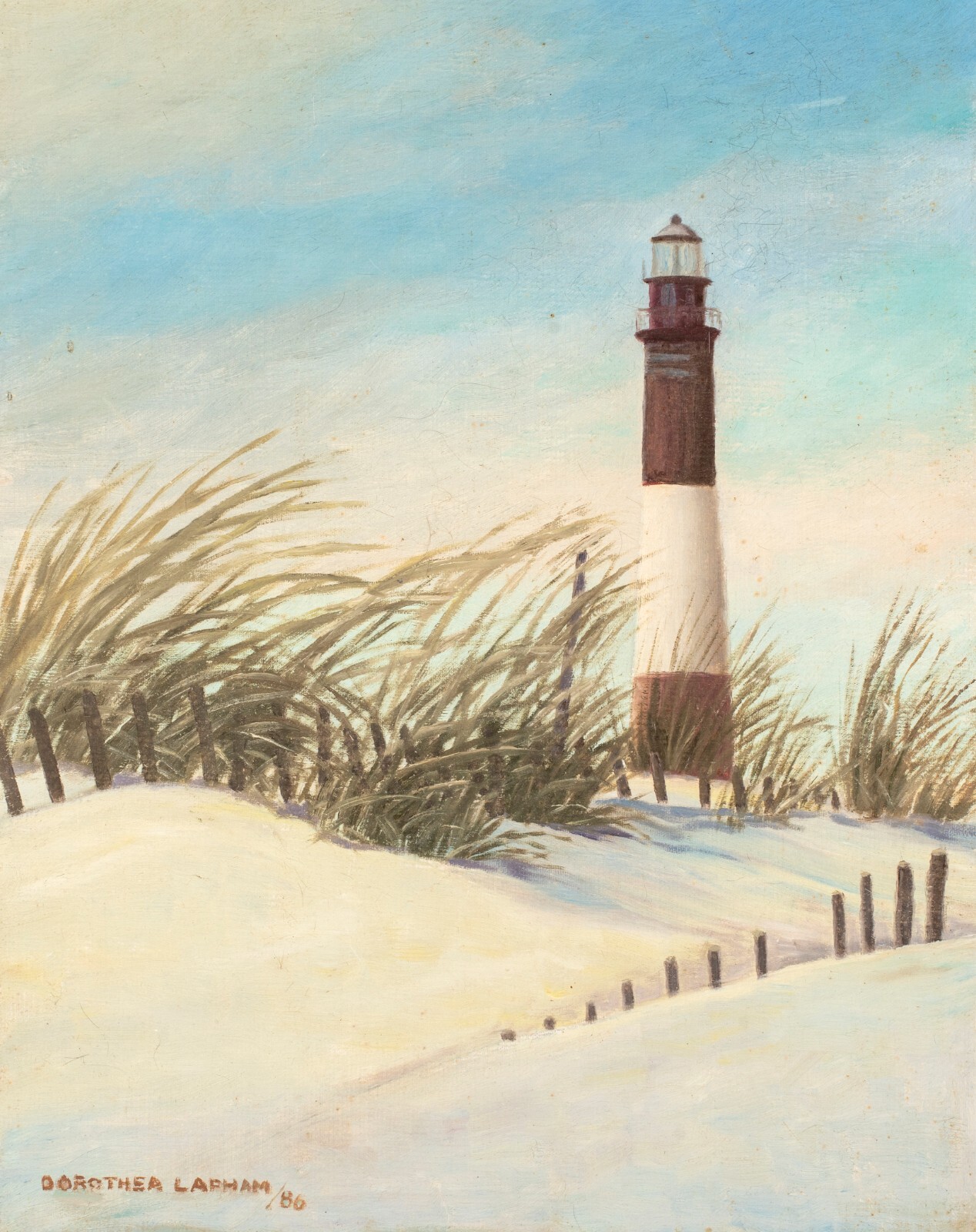 Dorothea Lapham (1903-1993) Fire Island Lighthouse in Winter, NY Painting, 1986
