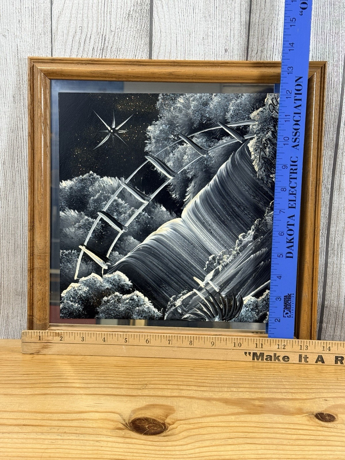 Waterfall Landscape Painting On Mirror Signed By Tom Dunham 13.5 Inches By 13.5