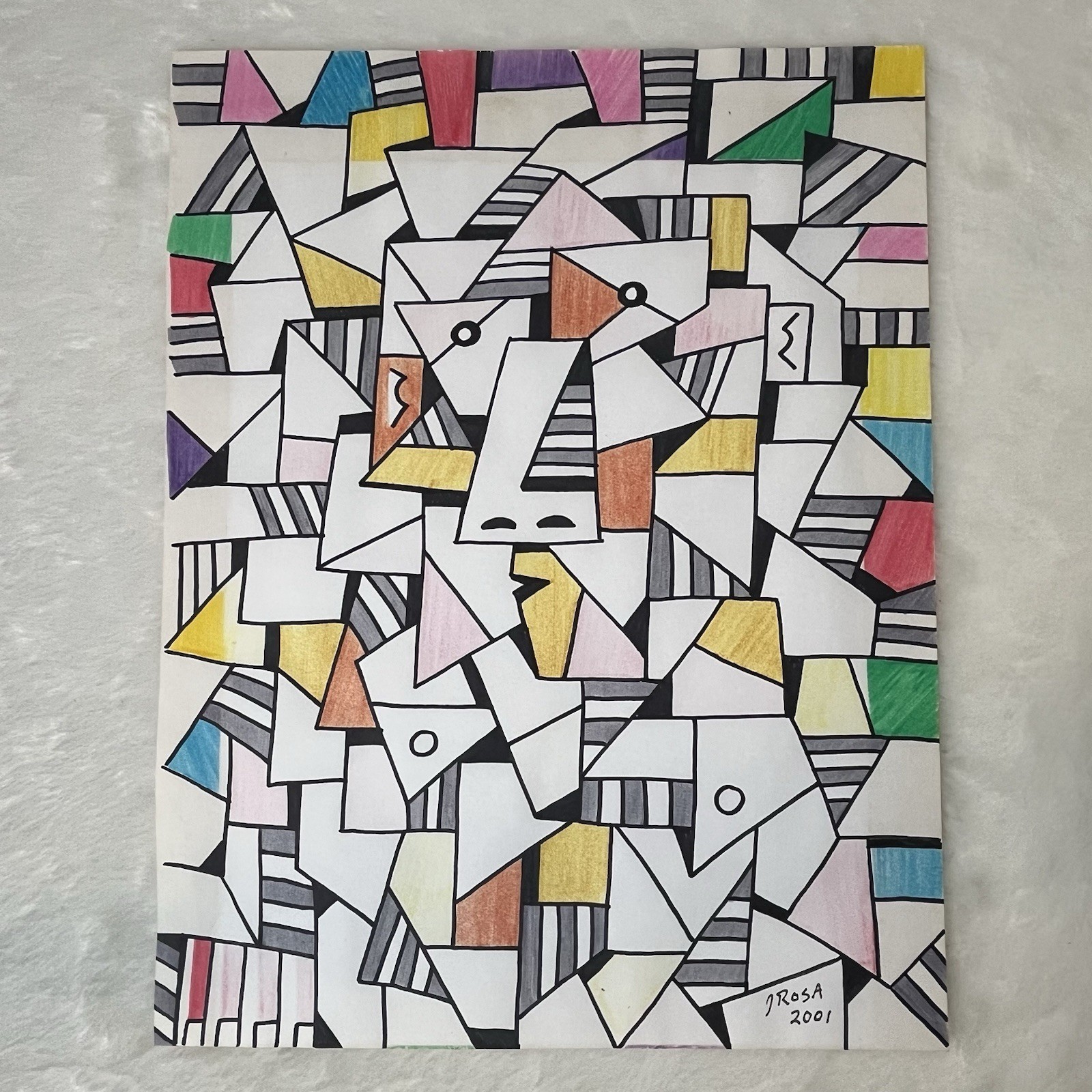 Cubist Style Abstract Portrait Drawing Signed John Rosa 2001 Original Art *READ*