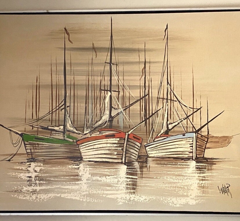 fishing boats signed by walker oil painting on canvas dimensions :41 x 2 x 31”