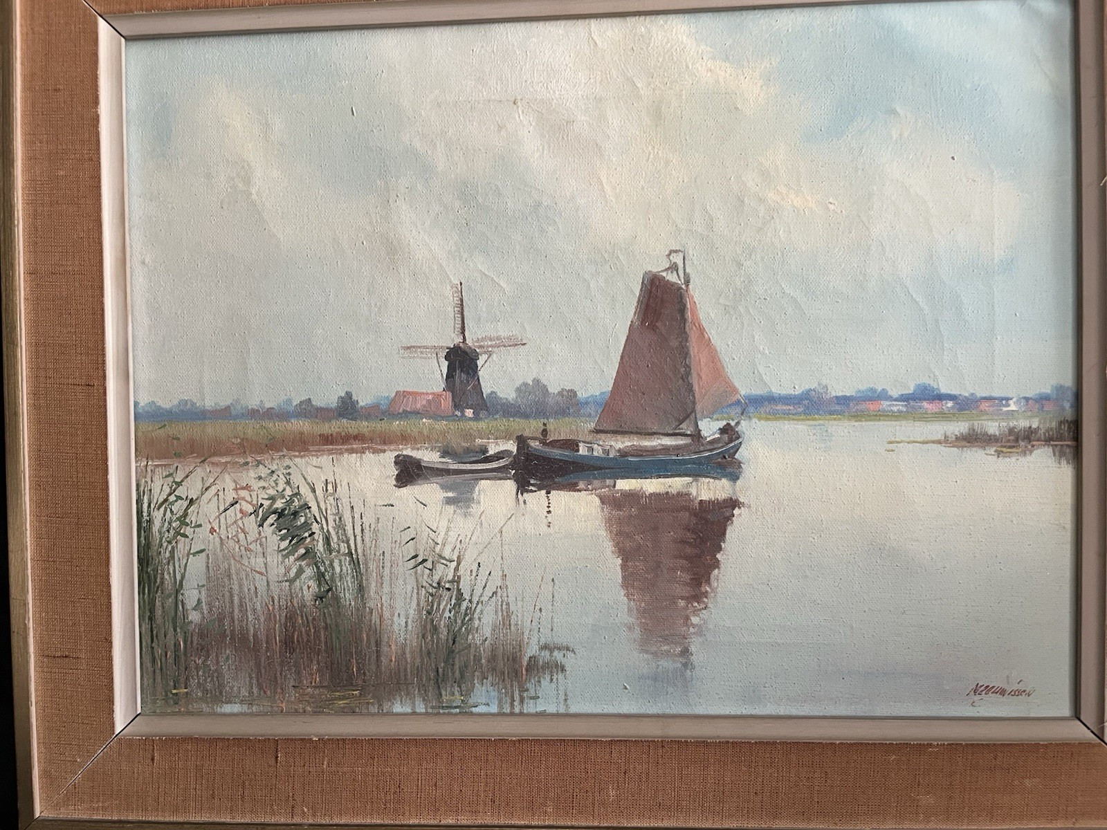 Dutch /Windmill /Landscape /Sail Boat /oil/canvas/Charles Meeuwissen