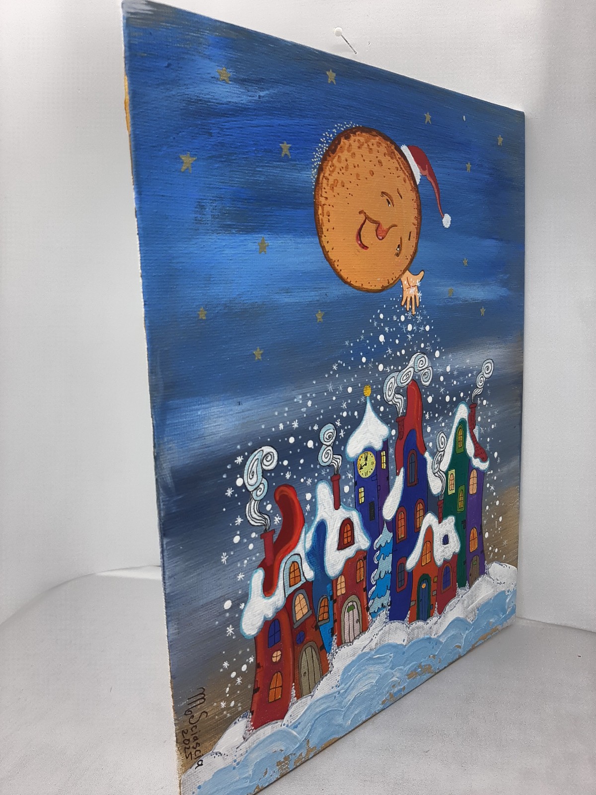 Winter Fairy – Whimsical Snowy Town with Smiling ,Moon | Original Acrylic Painti