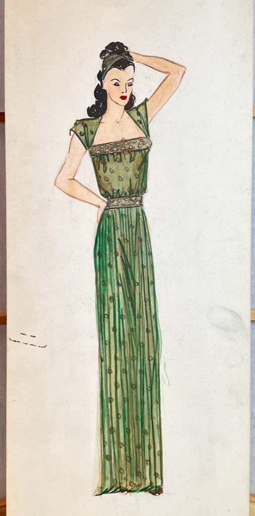 Vtg 1940s Fashion Design Evening Gown Glam Watercolor Ink Approx 6″X14″ Signed