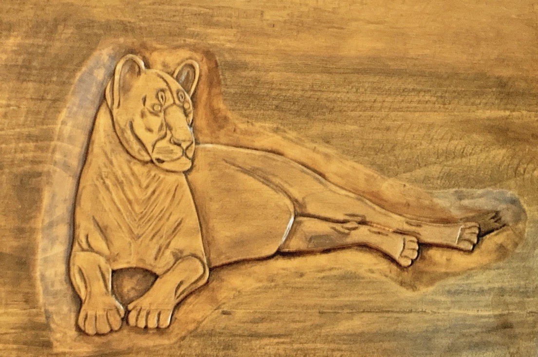 Lioness Bas Relief Art: Stained Custom Carved Wood 23 x 16” Hand Crafted