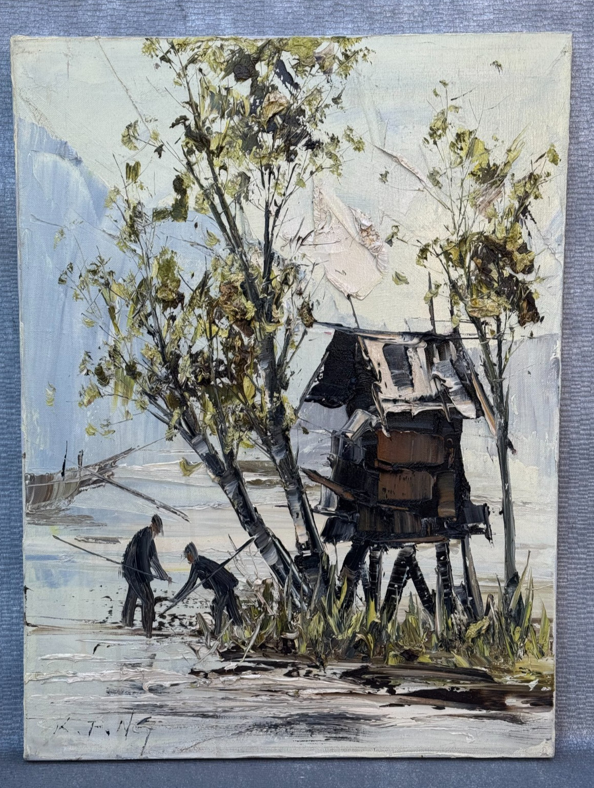KEE FUNG NG K.F. OIL PAINTING CHINESE ASIAN ORIGINAL THICK IMPASTO PALETTE KNIFE