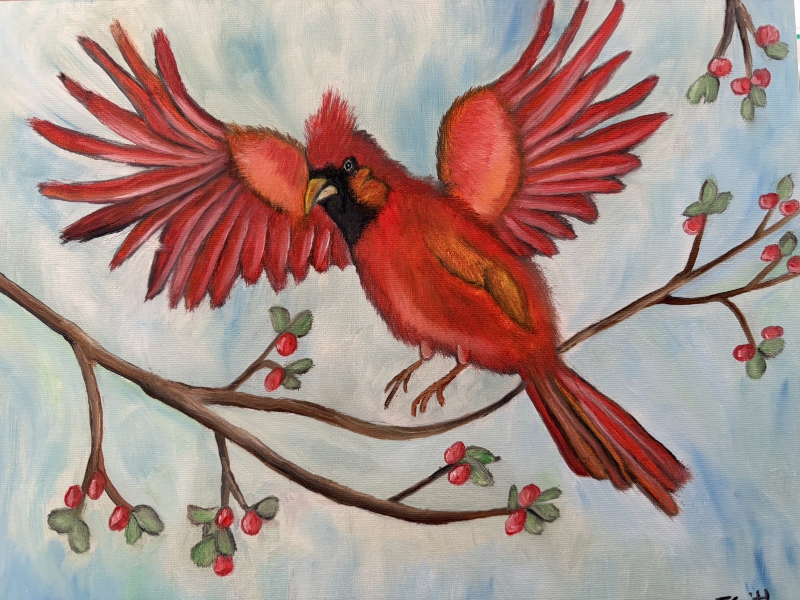 Original oil painting art on canvas 11 x 14 in portrait red bird cardinal