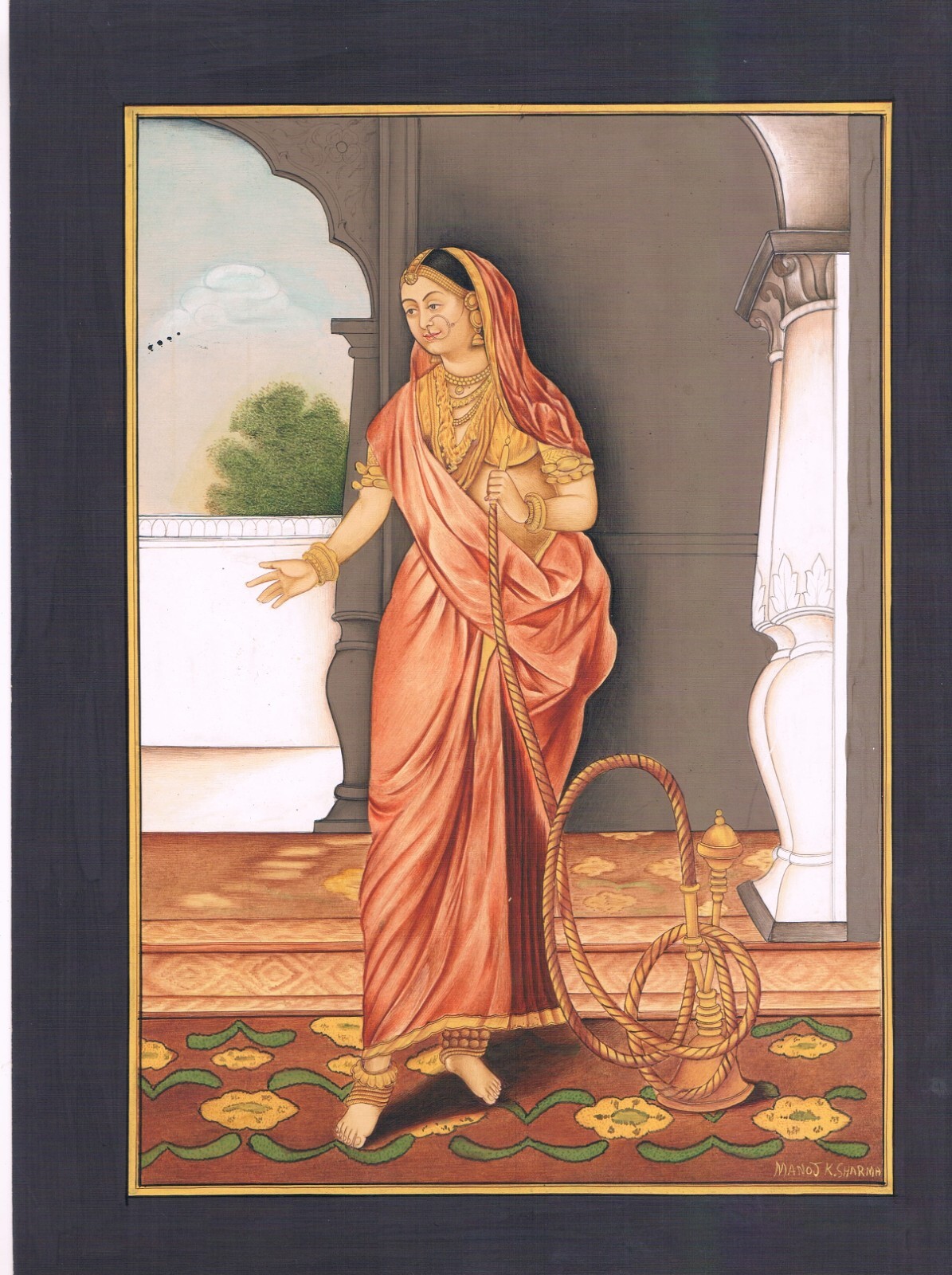 Indian Miniature Painting Of Indian Lady Portrait With Hookah 8.5×11 Inches