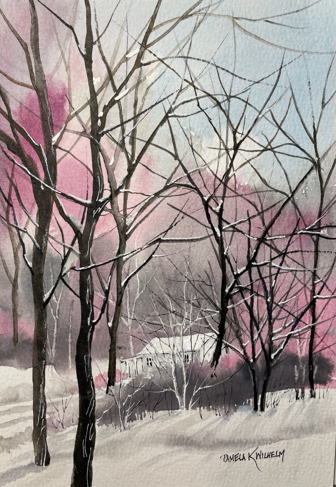 5.75”x8” Original Landscape Watercolor Pink Grey Blue White Trees Cabin