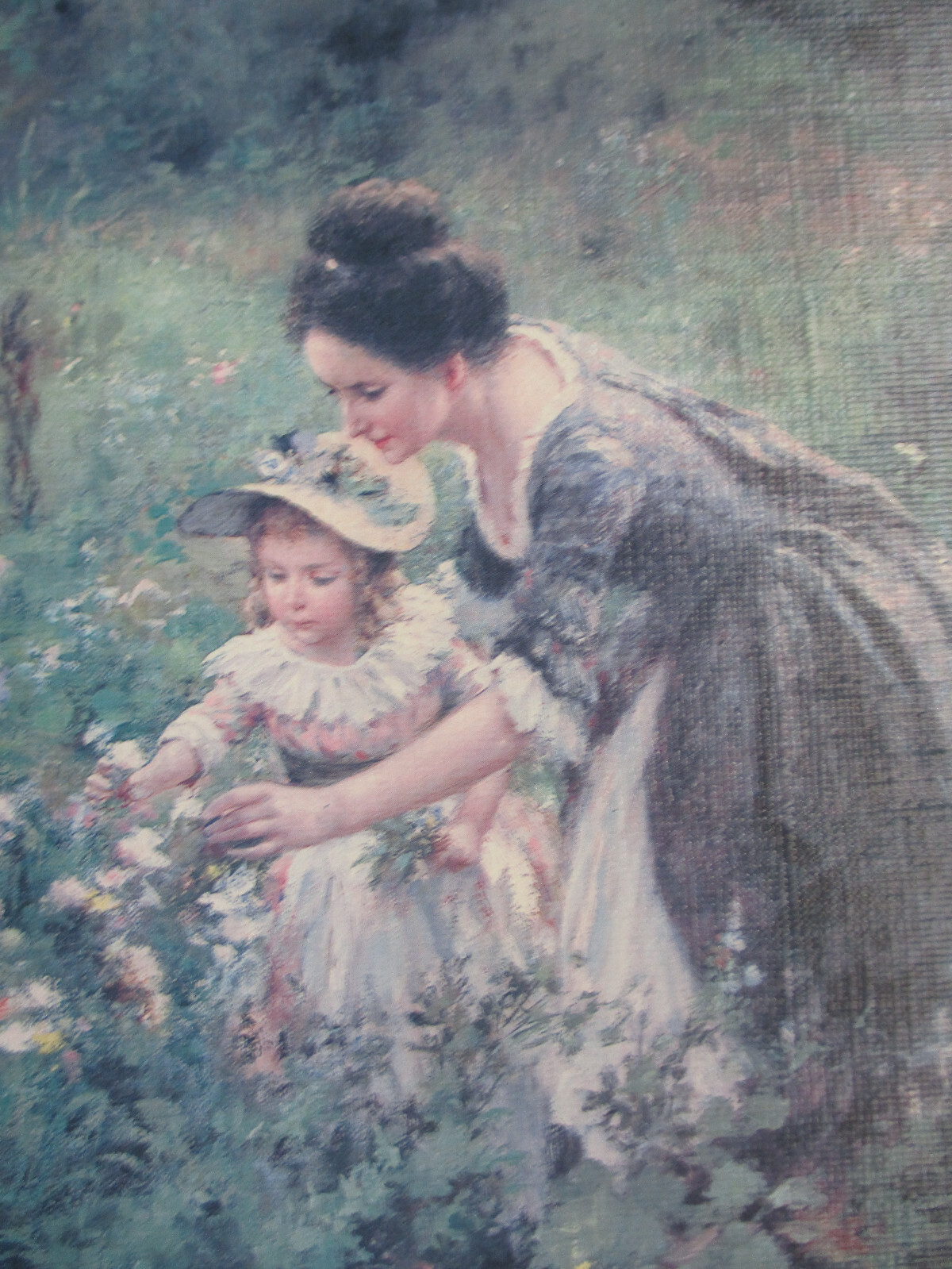 SUPERB! Vintage Oil on Board French Country Mother & Children Gold Frame 16 x 14