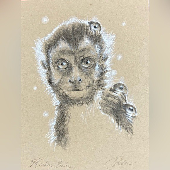 Original Painting Monkey Baby Charcoal pastel art surrealism ladybug nature USA