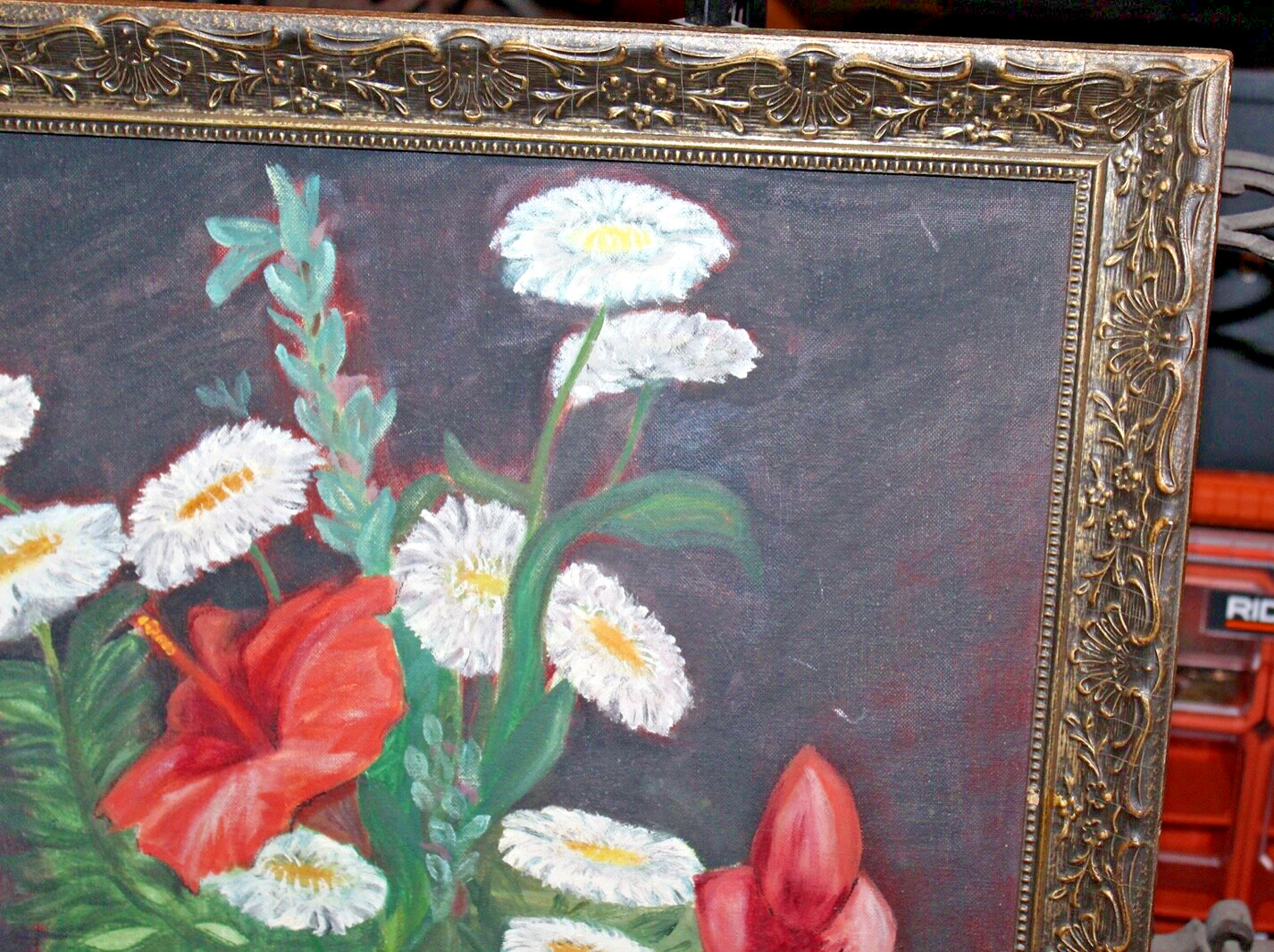 Vintage Flower Oil Painting Shabby Chic Colorful Flowers In Vase Framed