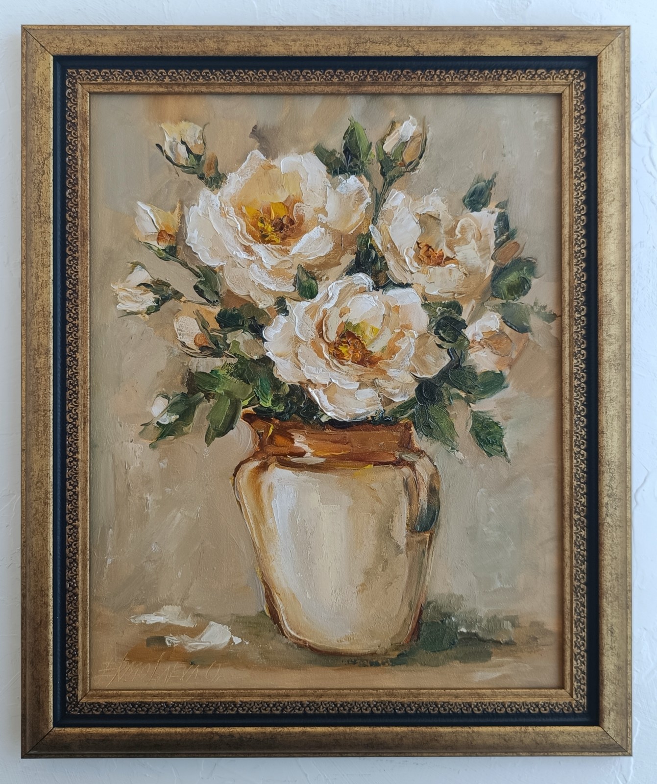 White Roses in a Vase Original Oil Painting Framed Floral Wall Art 8×10 in