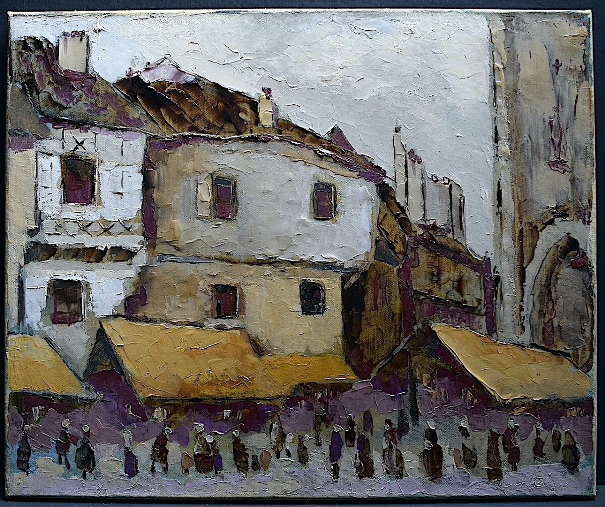 Vintage French Oil Painting on Canvas City Scene Houses Signed Art 20th Century
