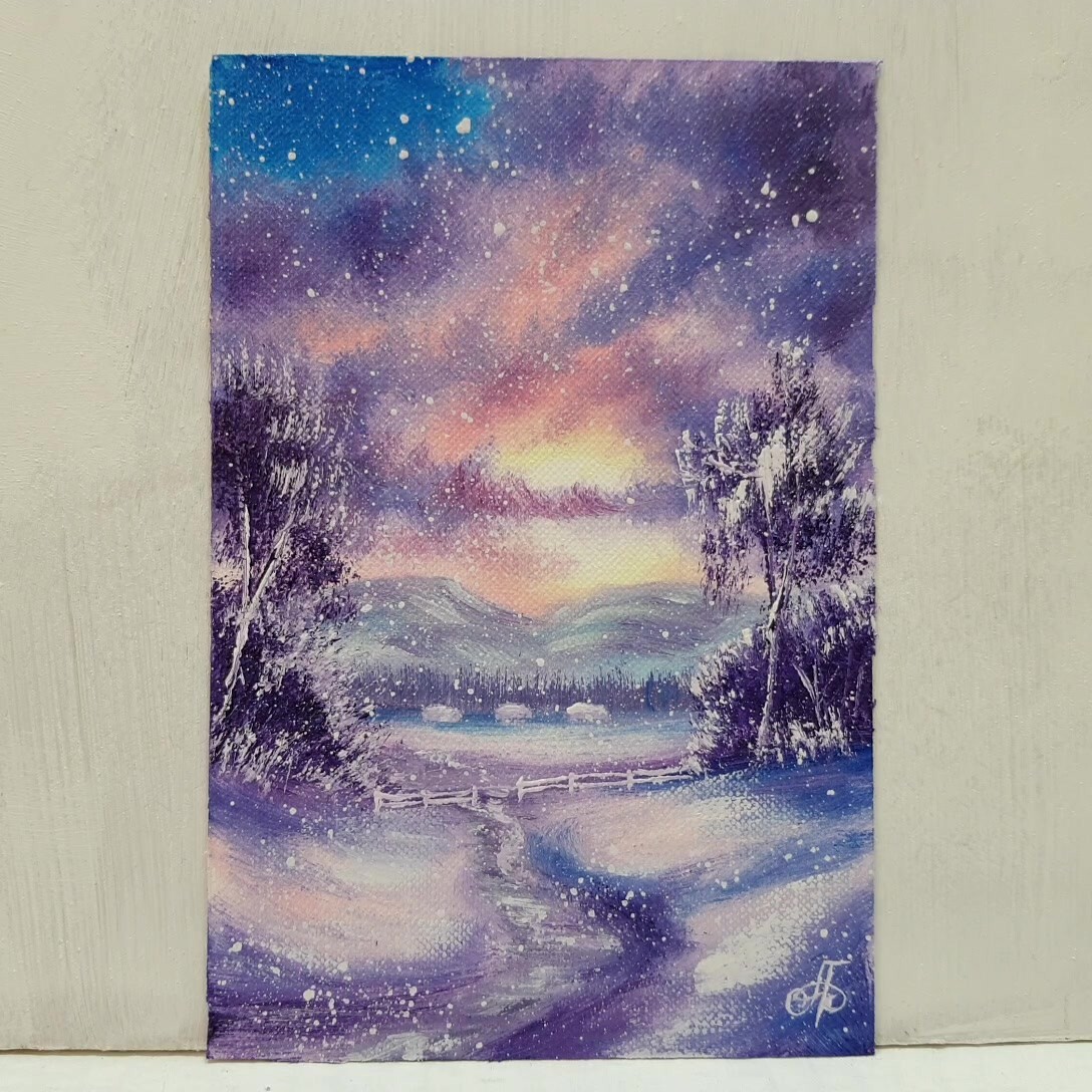 Winter Sunset Snowfall Landscape Cabins Mountains Path Holiday Decor Wall Art