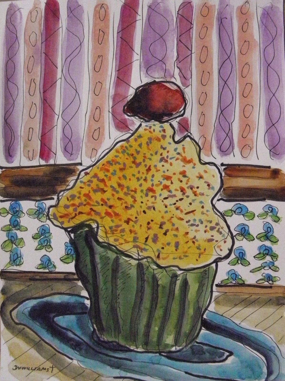 ORIGINAL Bakery Sketch watercolor and ink -cupcake