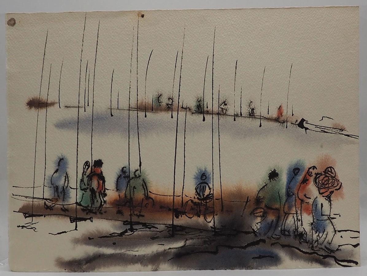 Watercolor Painting Ink Drawing on Paper circa 1960