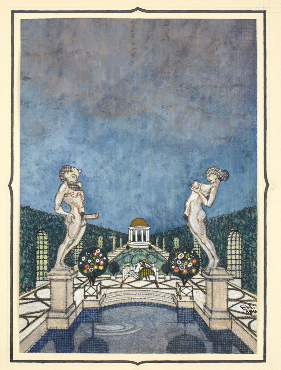 Erotic Painting in Classical Garden, with Statues Signed, EH 1911